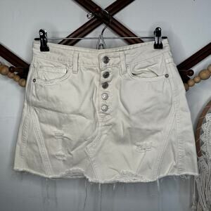 We the Free White Raw Hem Denim Button Skirt
